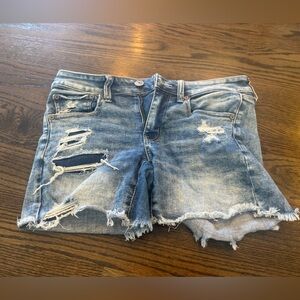 American Eagle Outfitters Midi Light Blue Ripped Jean Shorts